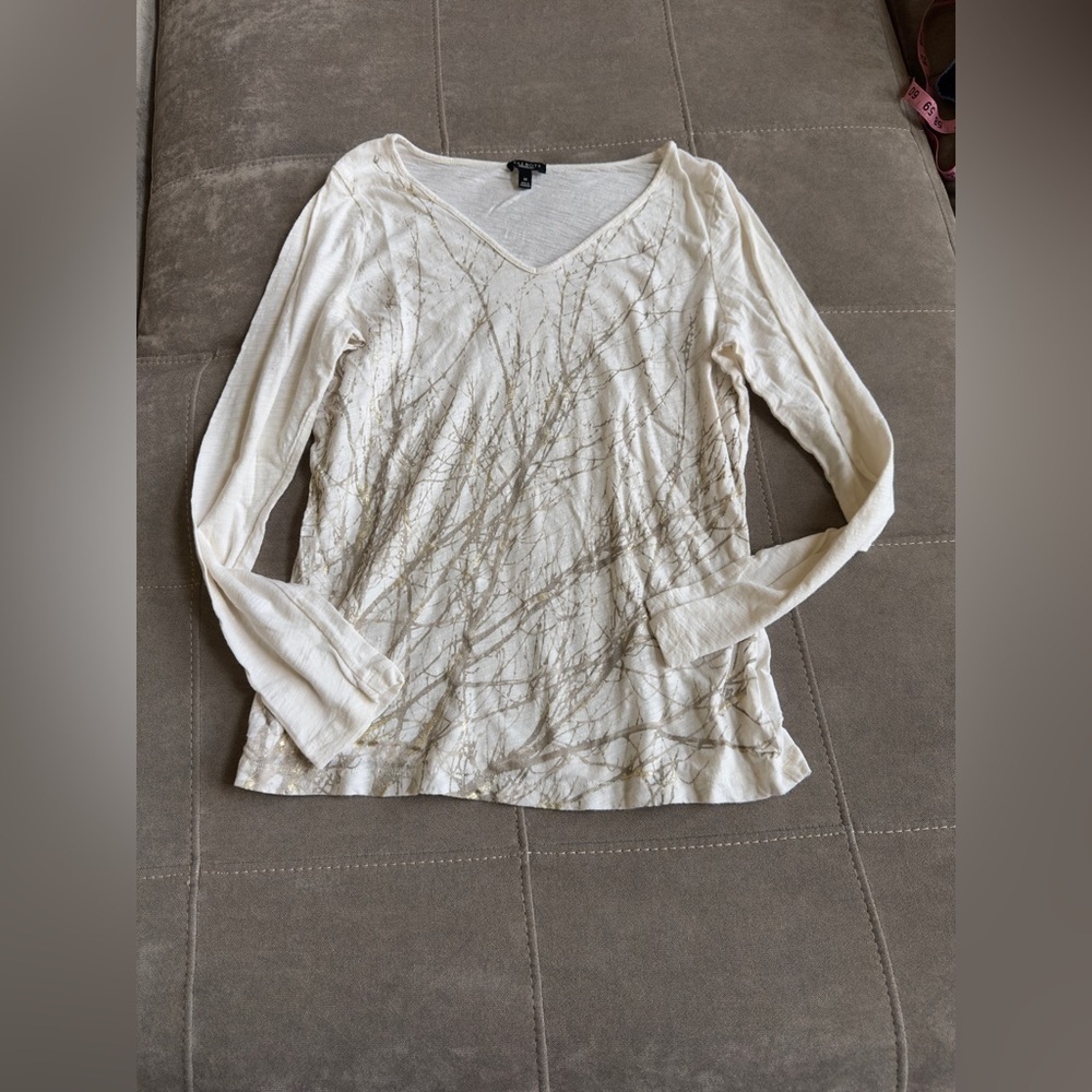 Talbots Ivory V-Neck Blouse With Branch Design